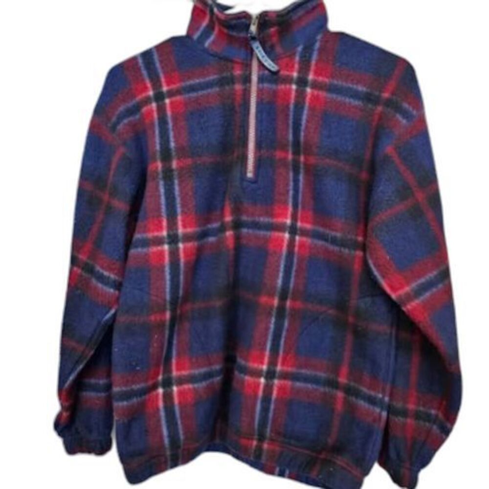 Vintage Bugle Boy Authentics Plaid Fleece Quarter Zip Pullover Blue Red Small